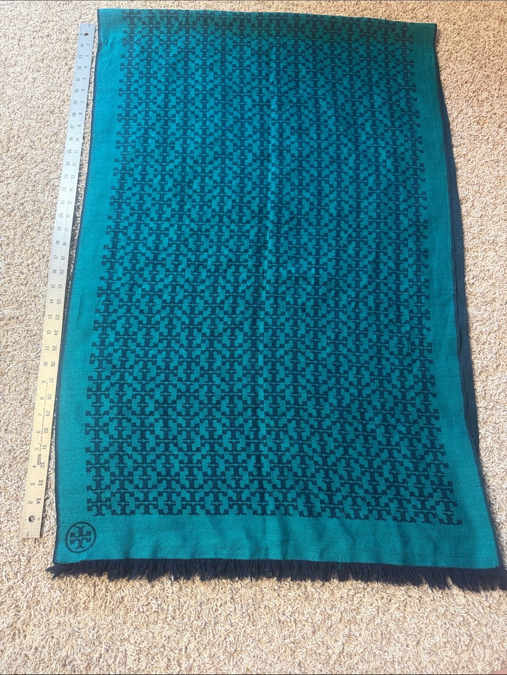 Tory Burch Oversized Logo Scarf Wrap Teal Navy Extra Long Fringe